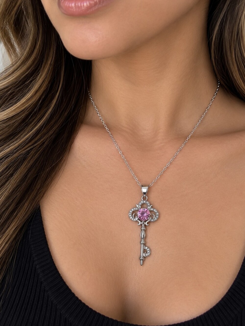 Sterling Silver Pink Moissanite Key Pendant Necklace